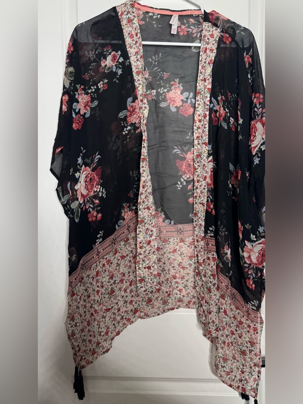 Xhilaration Black Floral Sheer Kimono Cardigan with Pink Accents loyal size xl